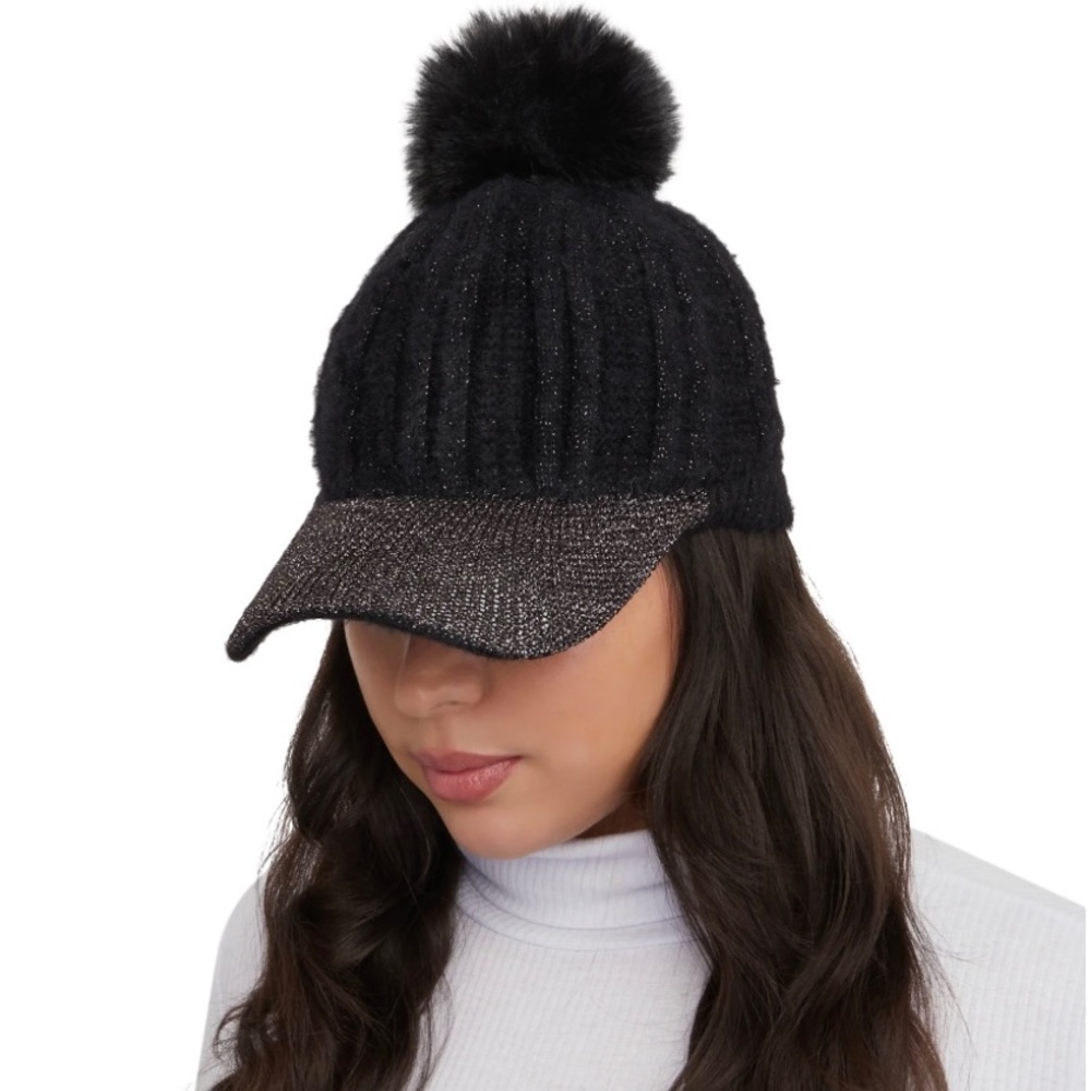 Baseball Pom Pom Faux Fur Lurex Knit Cap